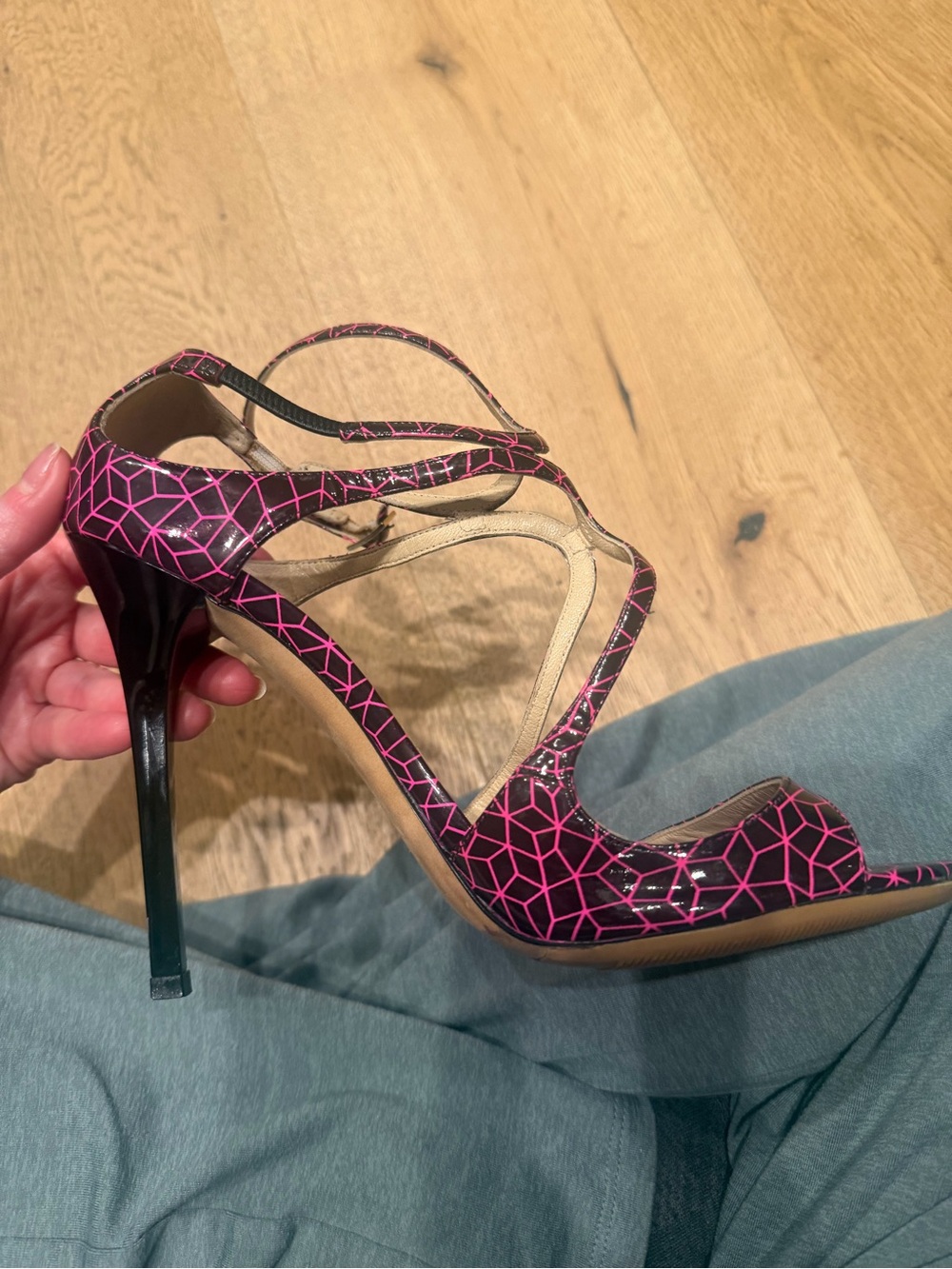 Jimmy Choo Black and Pink Geometric Strappy Stiletto Sandals - Picture 12 of 13